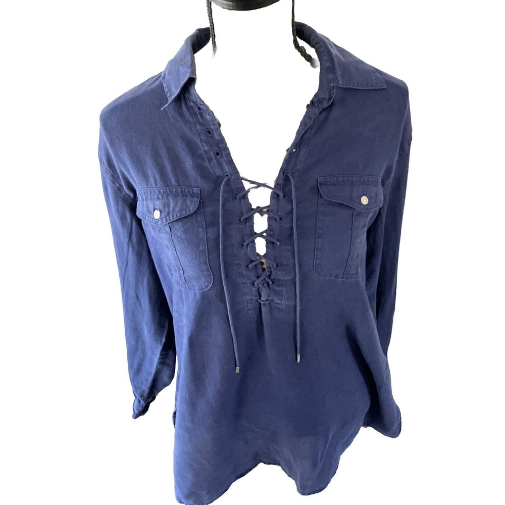 lauren ralph lauren Top Blouse Size L Blue Bohemian Tie Collar Hippie 100% Linen